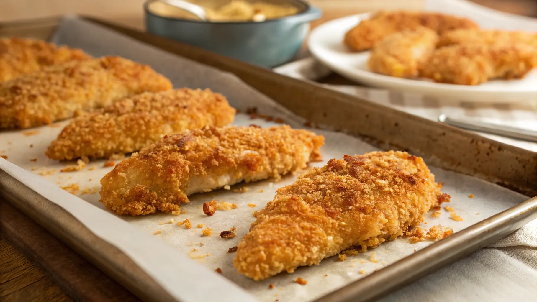 Crispy baked chicken strips on a baking tray