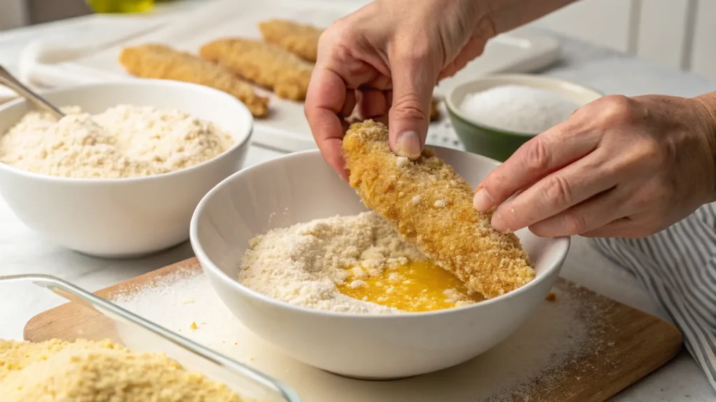 Step-by-step coating of baked chicken strips