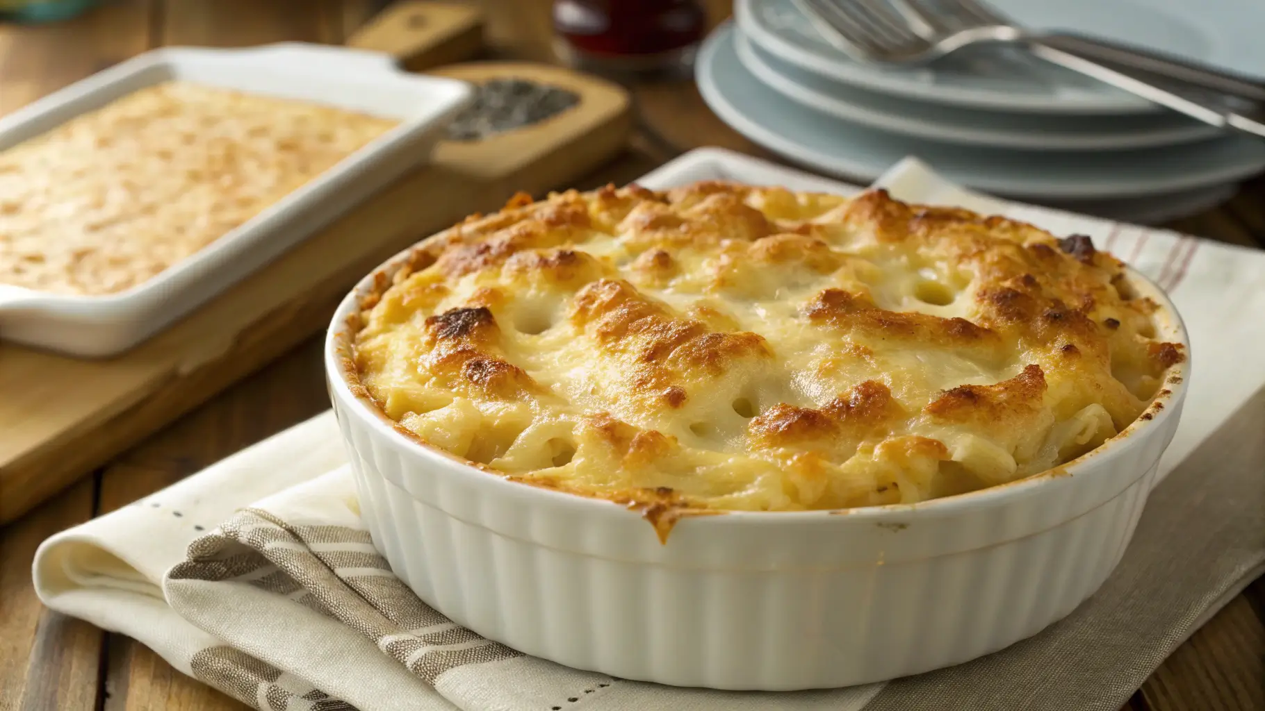 tinis mac and cheese recipe baked in ceramic dish
