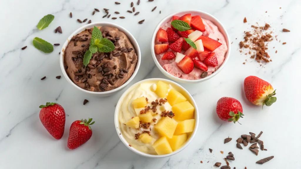 Chocolate, strawberry, and fruity flavored snow cream variations