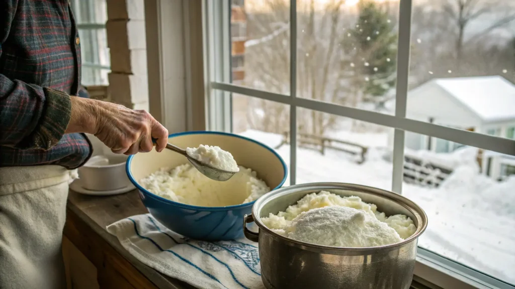 Appalachian-style snow cream being served in a rustic kitchen