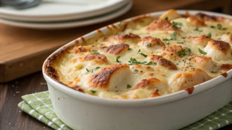 Baked chicken cheez casserole with golden mozzarella
