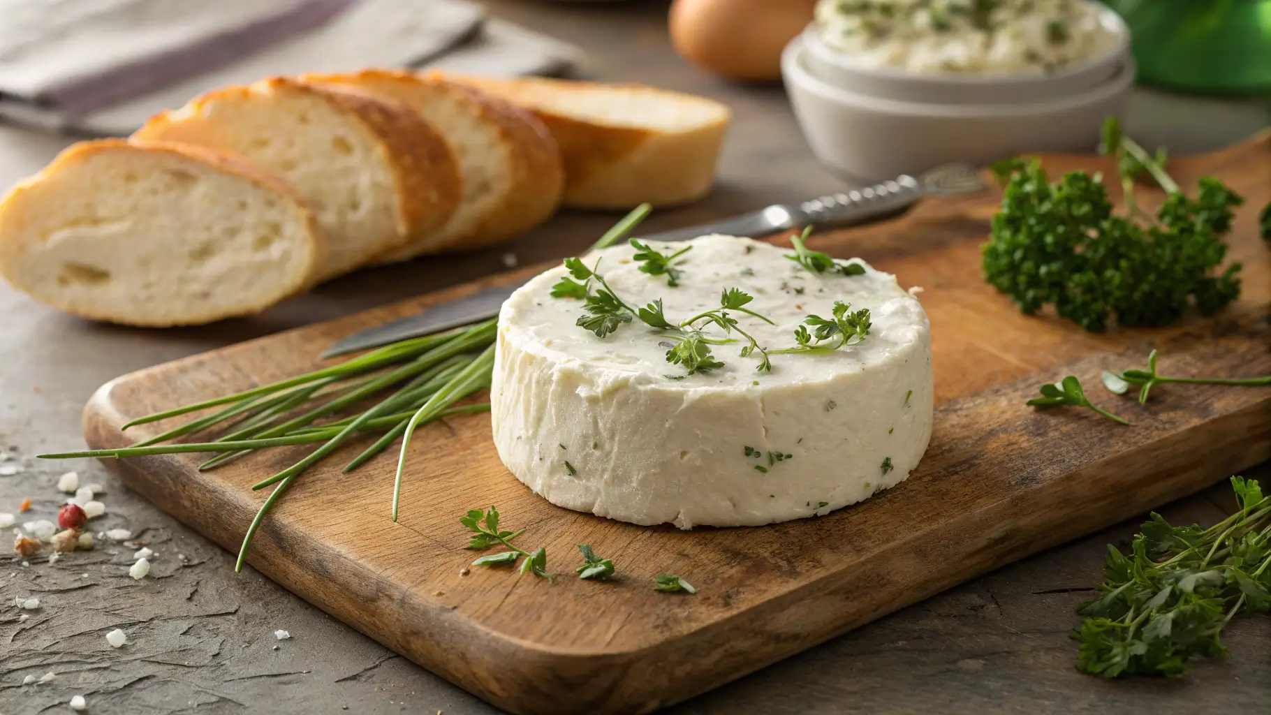 homemade boursin cheese recipe on cutting board