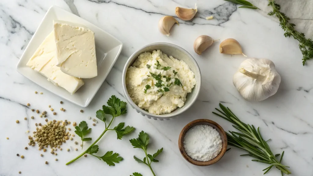 ingredients for boursin cheese recipe on marble surface