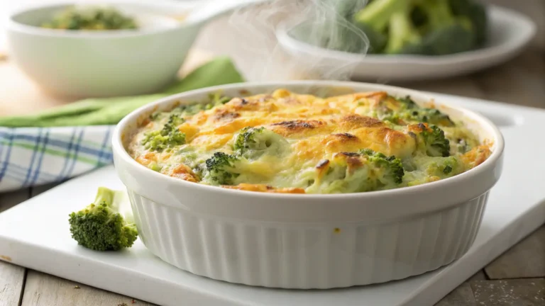 Easy broccoli casserole recipe without soup in white baking dish