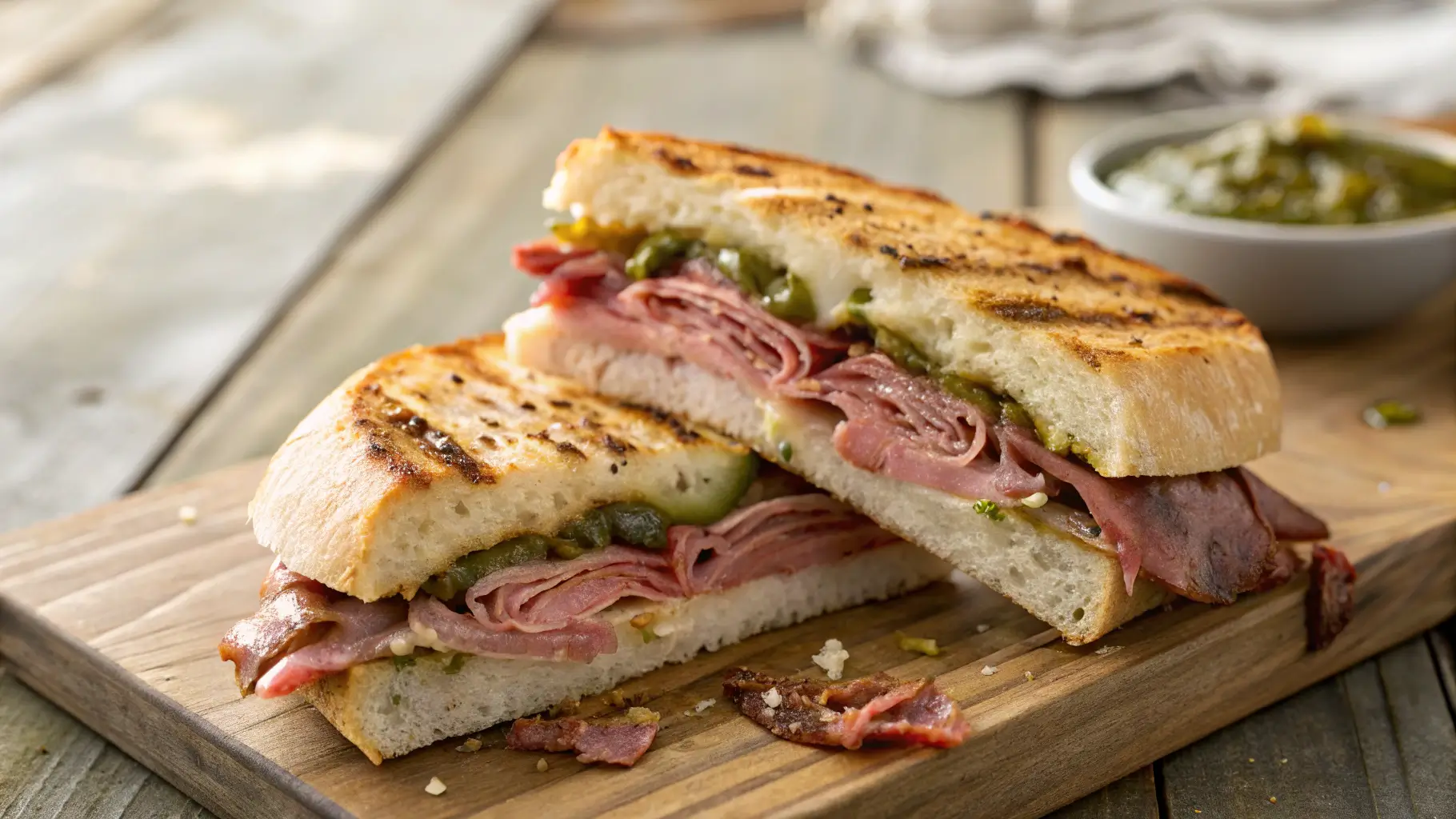 Buona Beef Tuna Genovese copycat sandwich close-up on wooden board