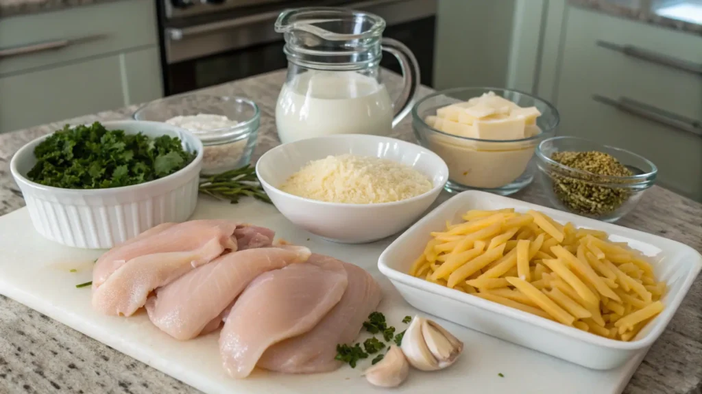 Chicken alfredo recipe ingredients on counter