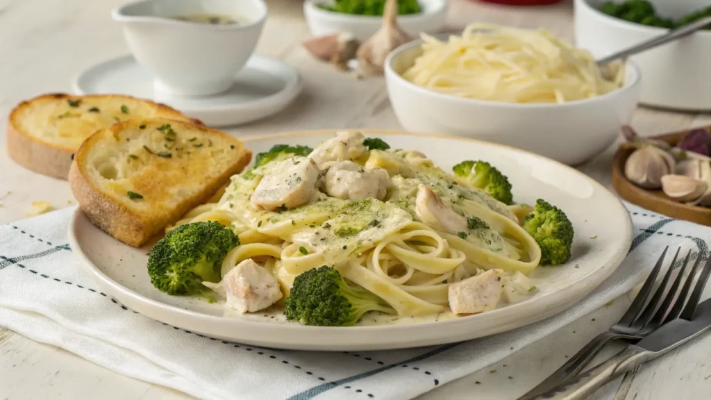 Plated chicken alfredo recipe with sides
