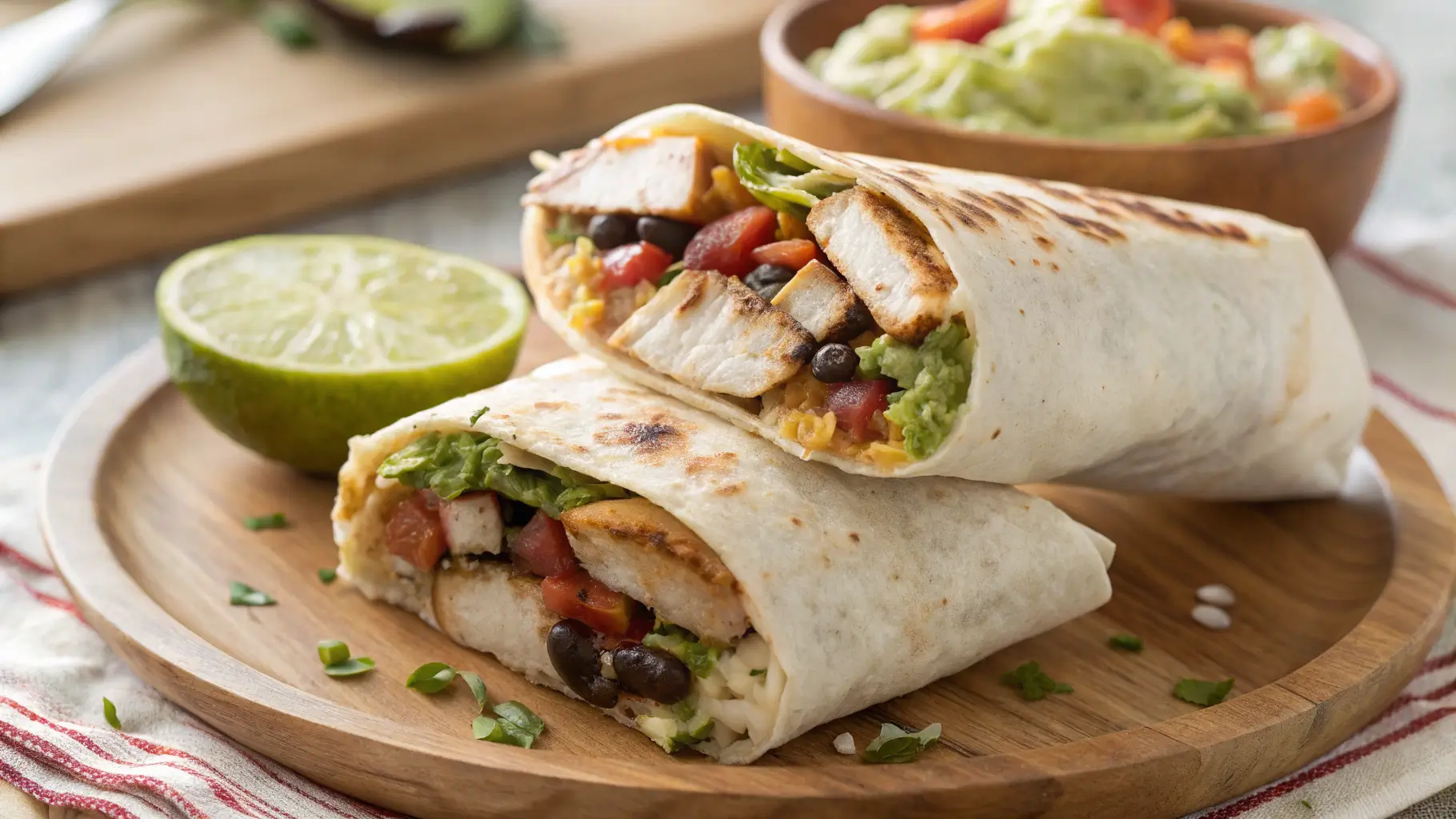 close-up of chicken burrito recipe with fresh fillings