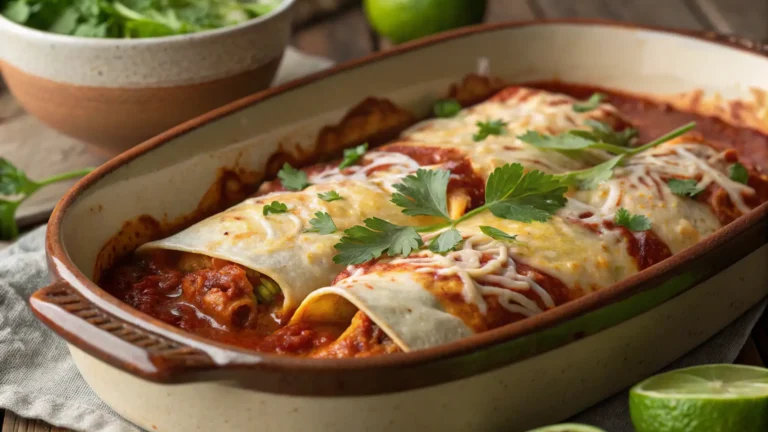 chicken enchilada recipe with bubbling cheese and red sauce