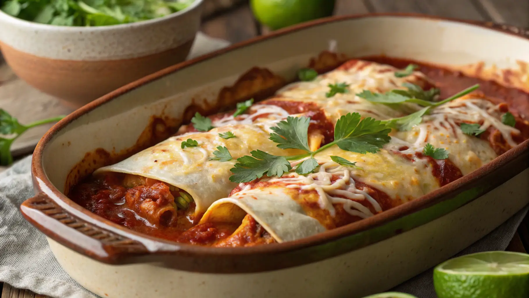 chicken enchilada recipe with bubbling cheese and red sauce