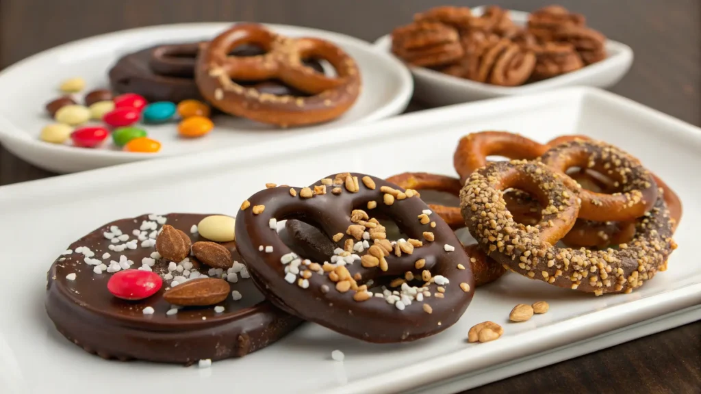 Chocolate covered pretzels with assorted toppings