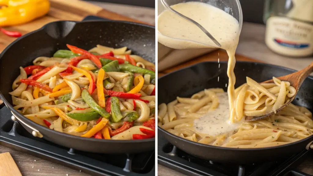 Cooking rasta pasta recipe with creamy sauce in skillet