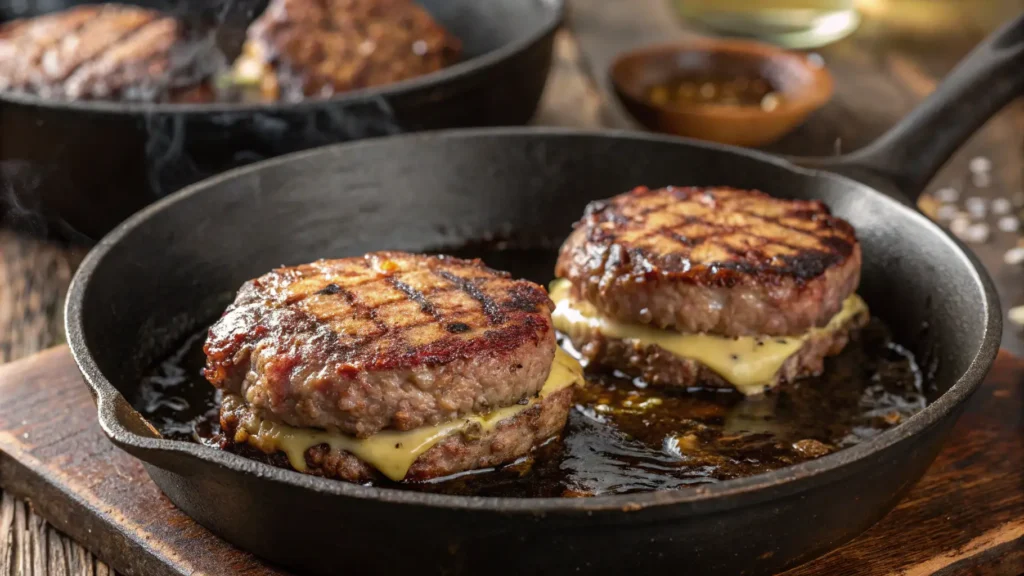 Wagyu burgers cooking in a cast iron skillet