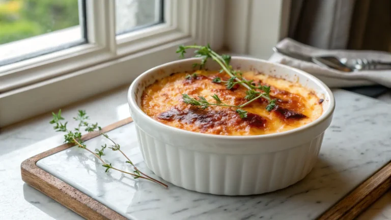 Close-up of finished crab brulee recipe with torch-browned topping