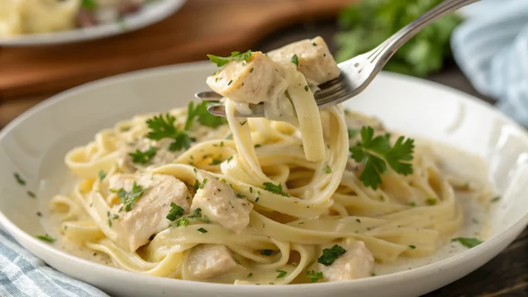 Creamy chicken alfredo recipe on fork
