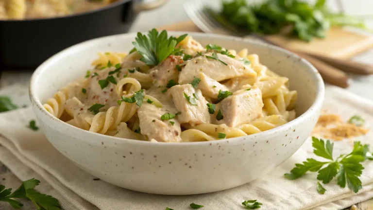 creamy crockpot chicken pasta recipes in a white bowl