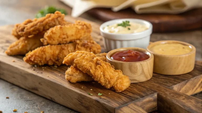 crispy chicken strips recipe served with dipping sauce
