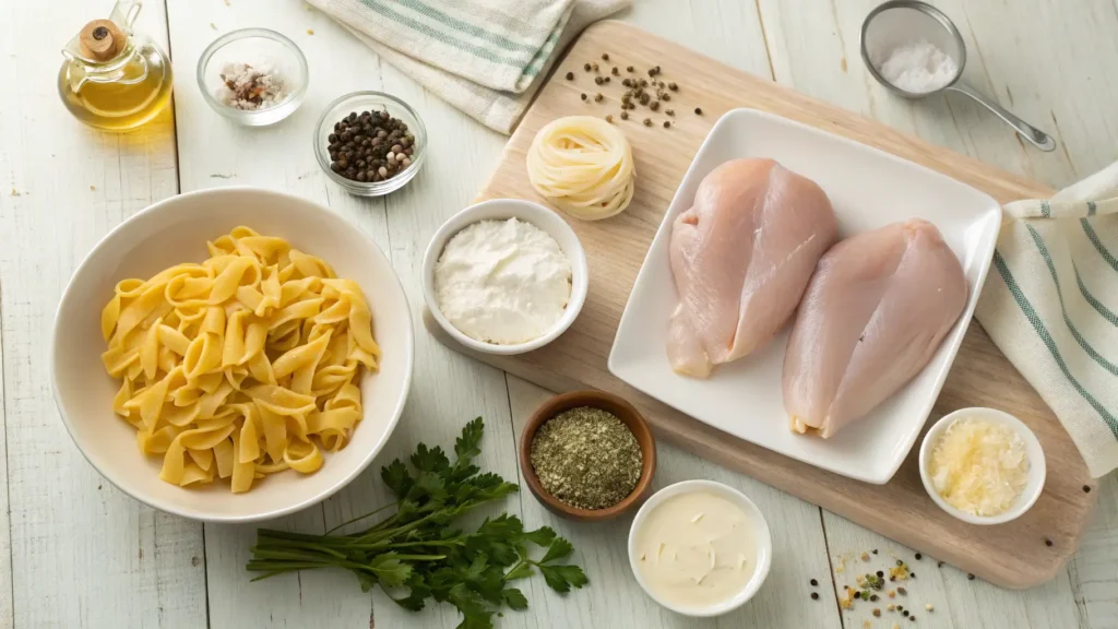 crockpot chicken pasta recipe ingredients flat lay