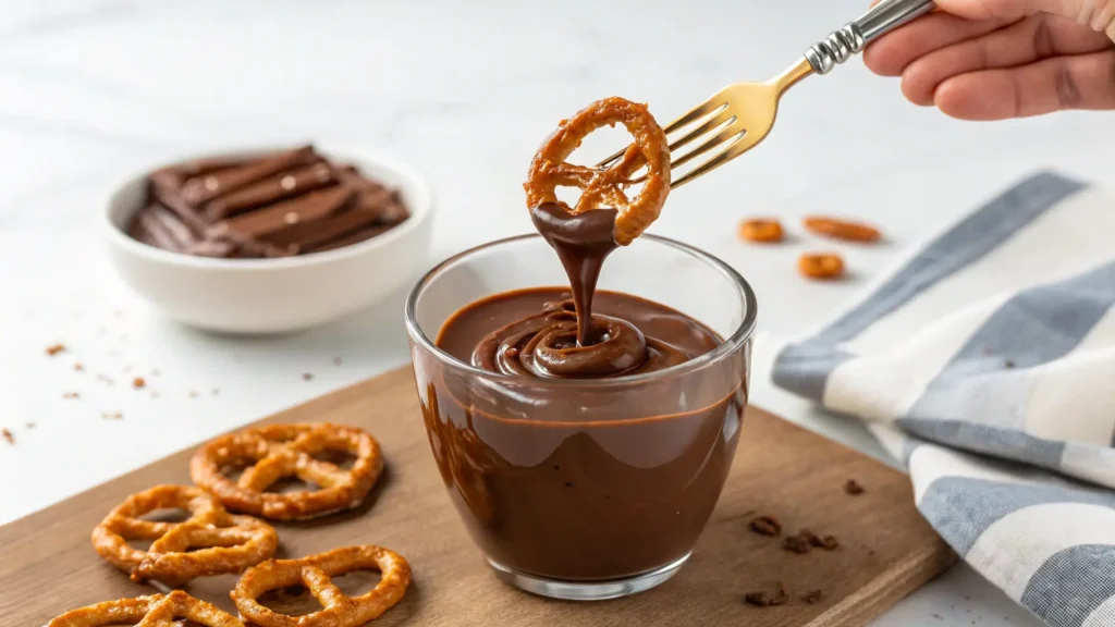 Dipping pretzel into melted chocolate for homemade treat