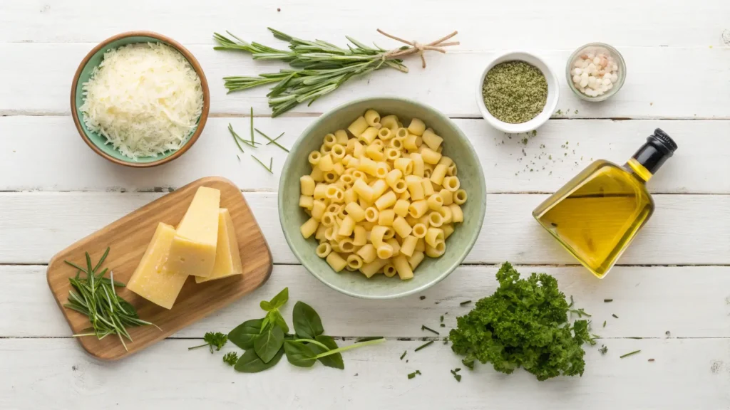 Ingredients laid out for ditalini pasta recipe