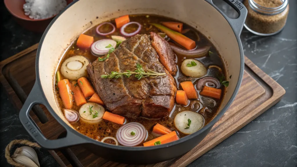 Dutch oven chuck roast recipes simmering in broth