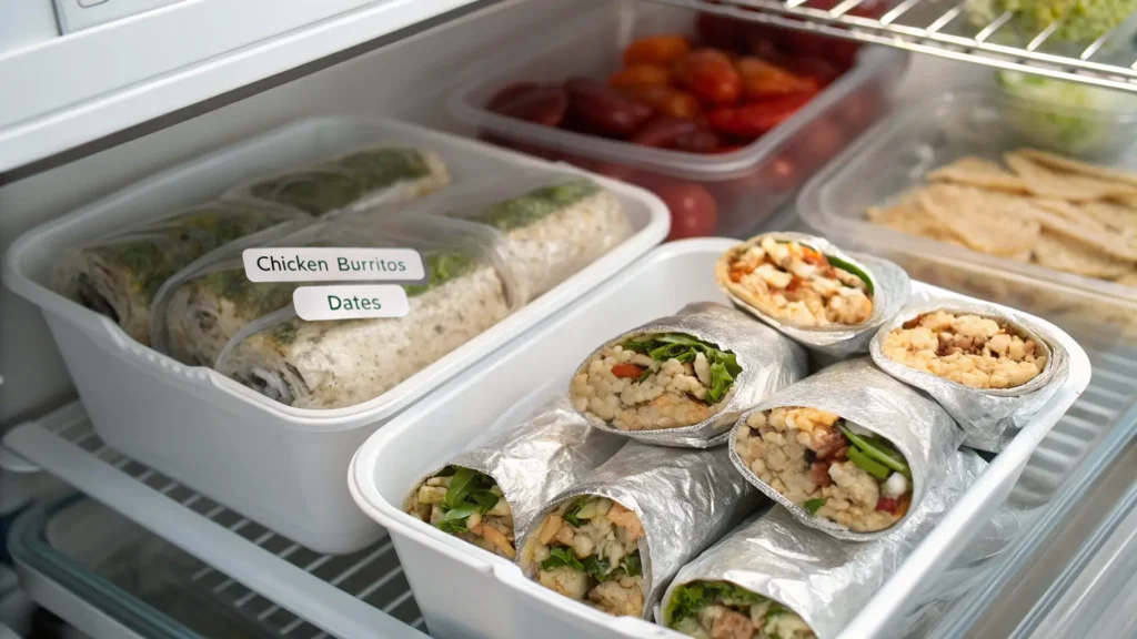make-ahead chicken burritos stored in freezer