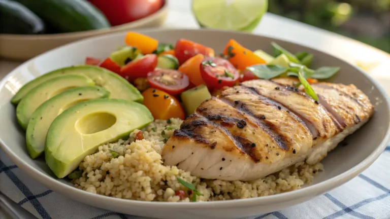 grilled healthy chicken breast with quinoa and vegetables