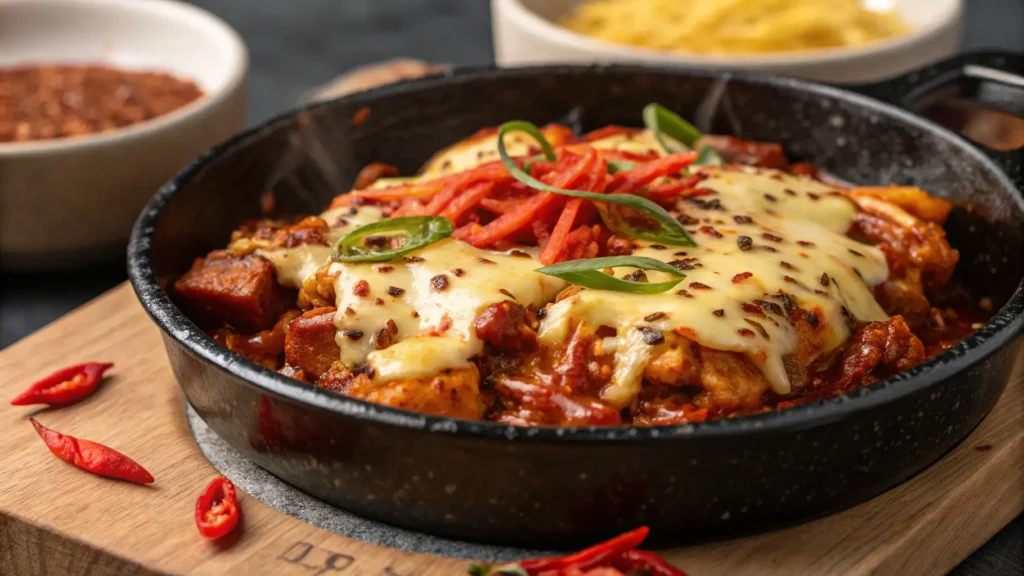 Korean chicken cheez buldak in a skillet