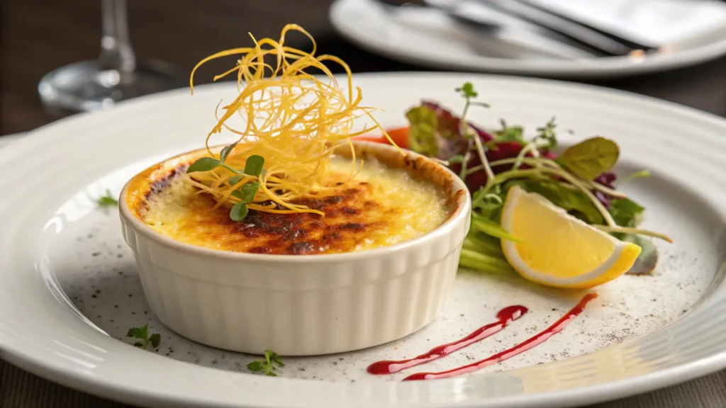 Plated crab brulee recipe with garnish and sides