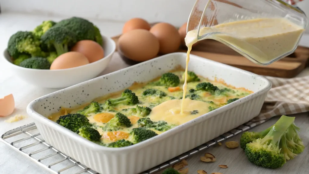 Pouring broccoli casserole mixture into dish