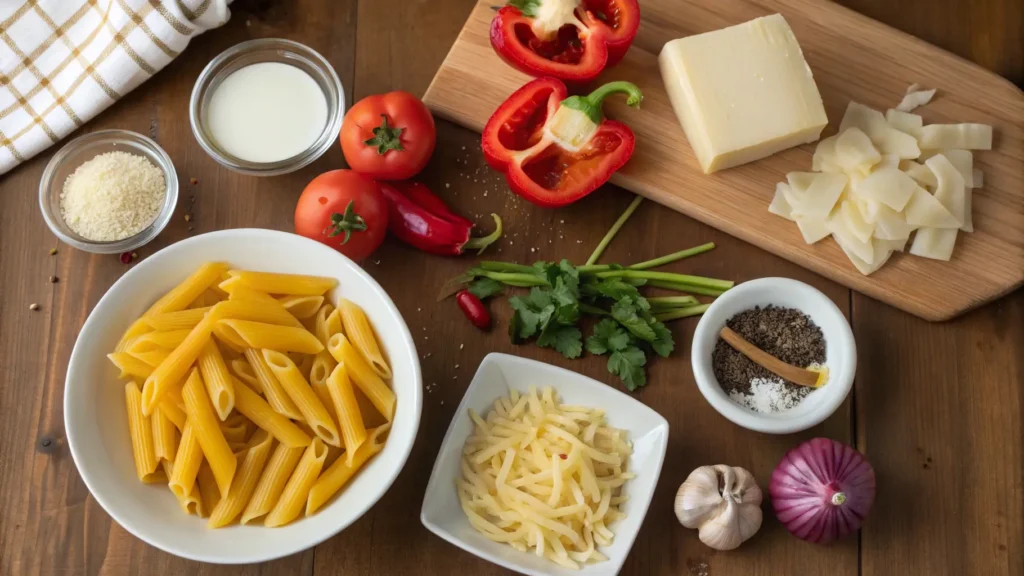 Rasta pasta recipe ingredients including jerk seasoning and coconut milk