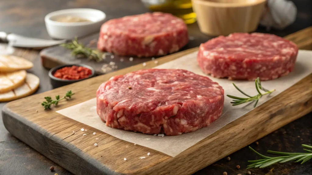 Raw Wagyu ground beef patties with high marbling