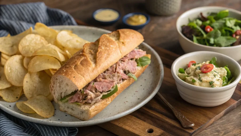 Buona Beef Tuna Genovese sandwich served with wine and salad