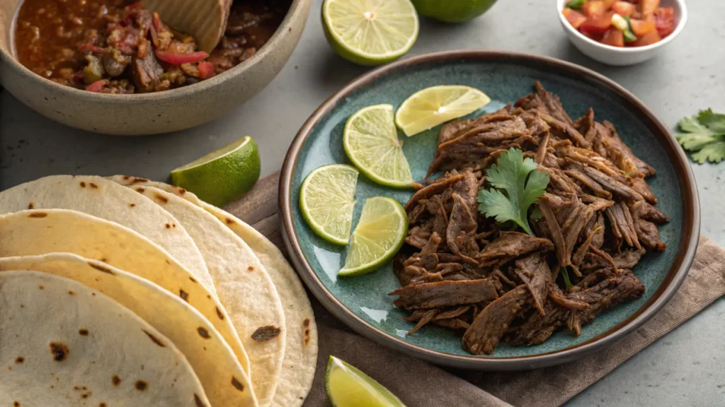  Shredded chuck roast served for tacos