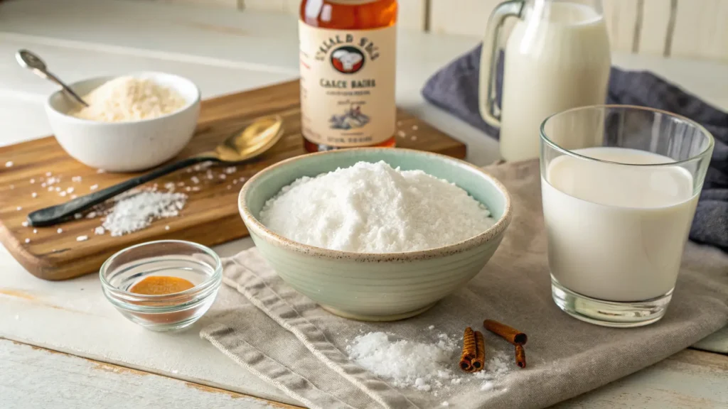 Snow cream ingredients including milk, sugar, vanilla, and fresh snow