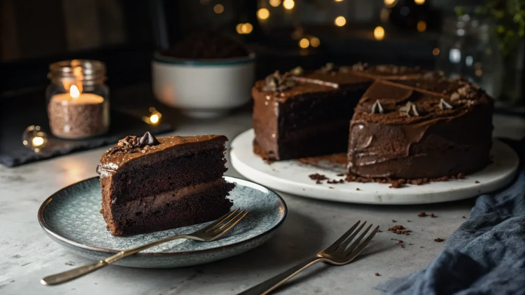 Sourdough discard chocolate cake slice with ganache
