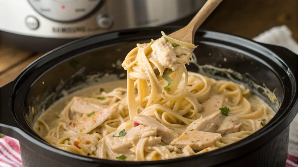 creamy crockpot chicken pasta in a slow cooker