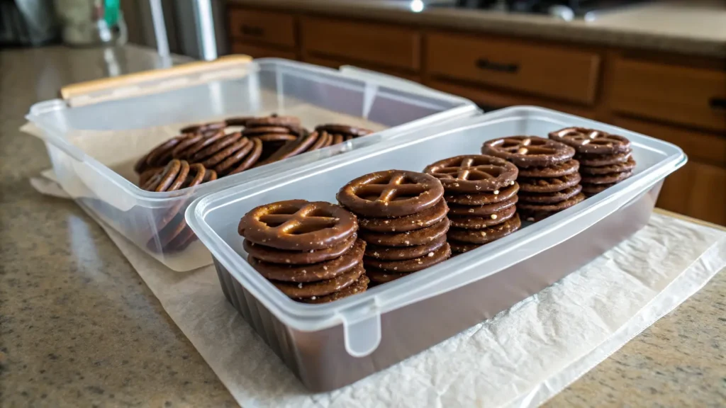 Storing chocolate covered pretzels in airtight container