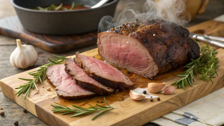 Tender chuck roast recipes on cutting board with herbs