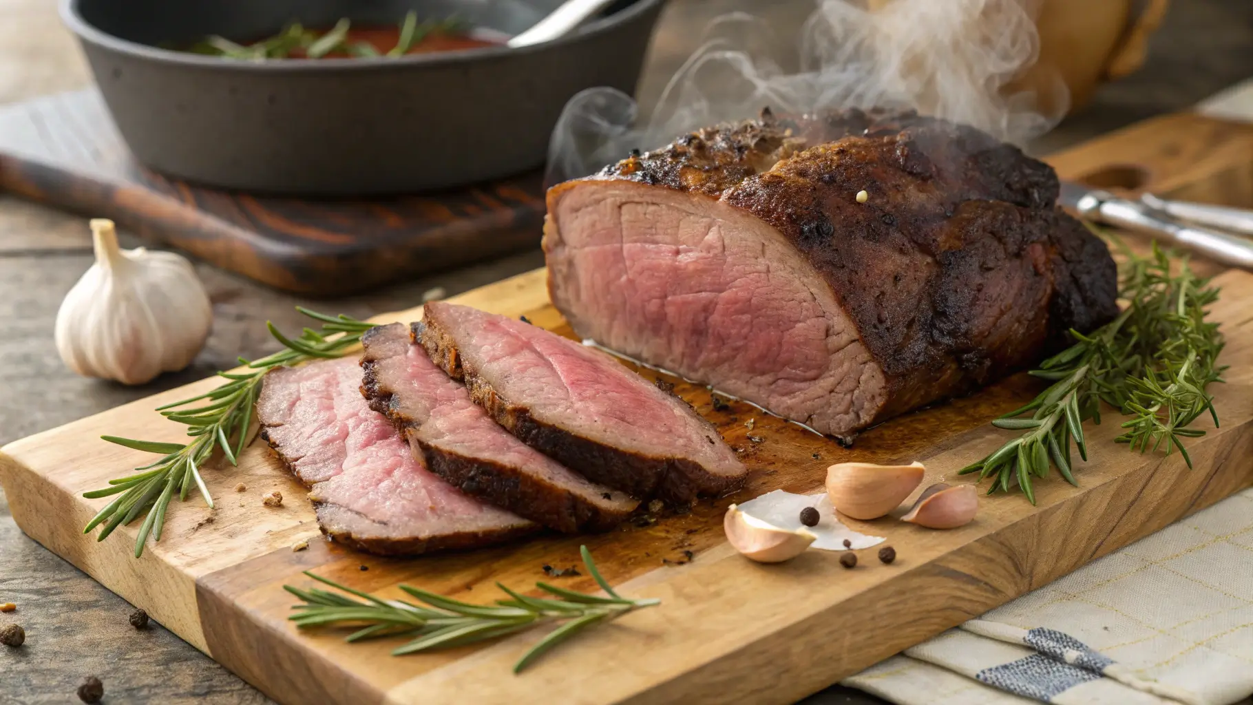 Tender chuck roast recipes on cutting board with herbs
