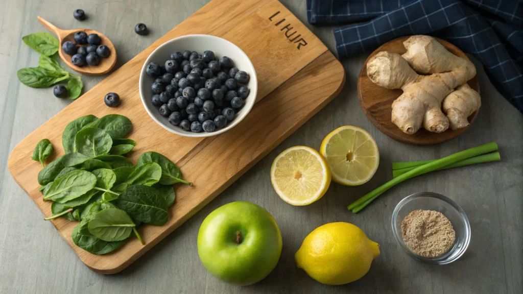 Juicing ingredients with blueberries and green apple