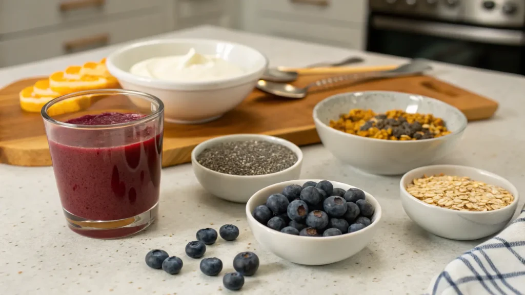 Blueberry juice with superfoods on kitchen counter