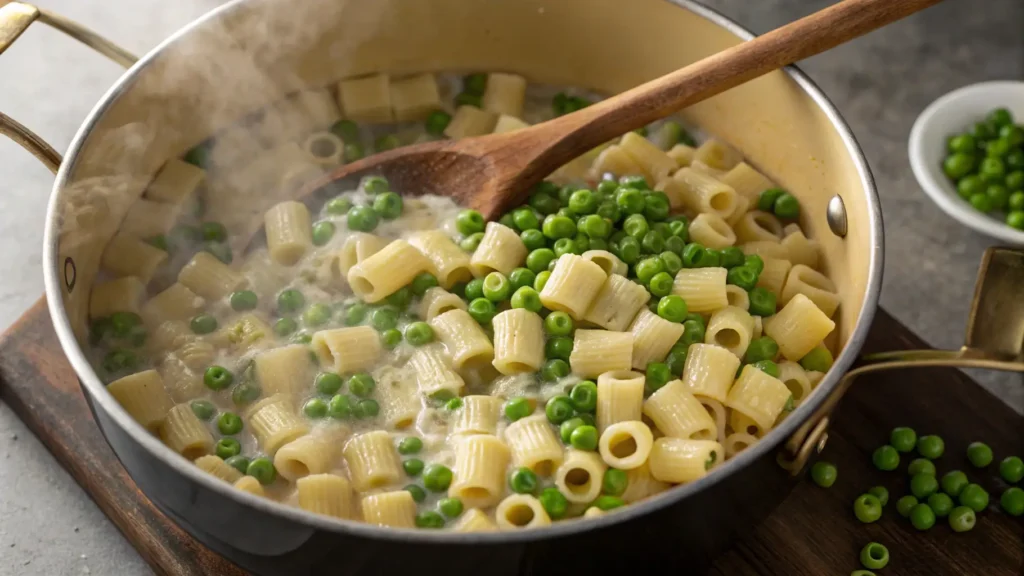 Pasta and peas recipe simmering in one pot