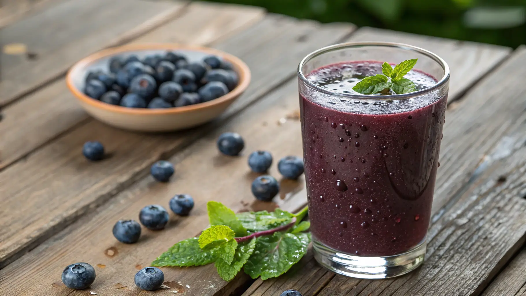 Glass of fresh blueberry juice on rustic table