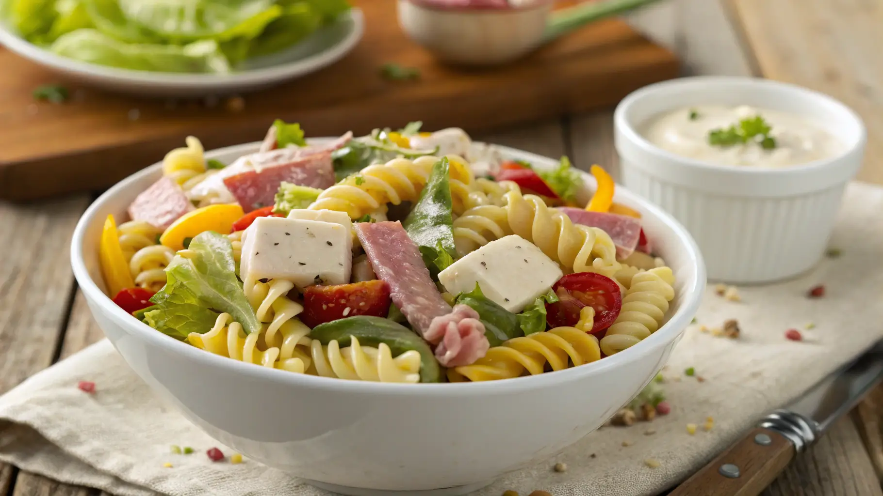 grinder pasta salad recipe with creamy dressing and deli meats