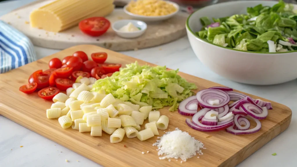  ingredients for grinder pasta salad recipe on prep board