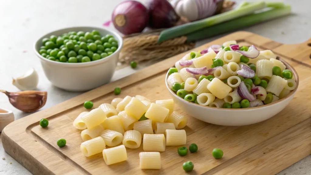 Ingredients for pasta and peas recipe: pasta, peas, onions