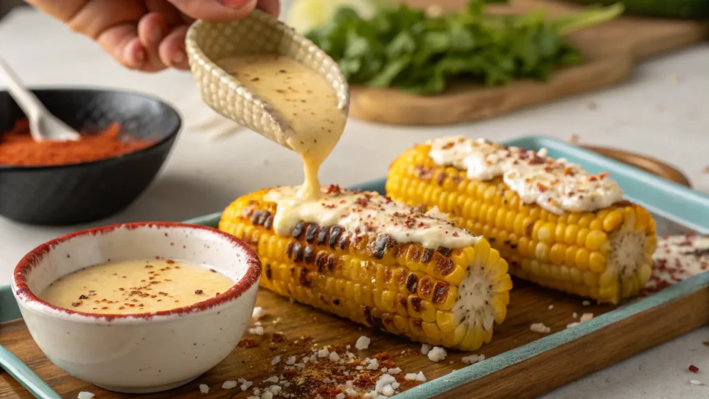 Assembling Mexican street corn with toppings