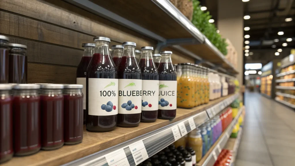 Store shelf with organic blueberry juice bottles